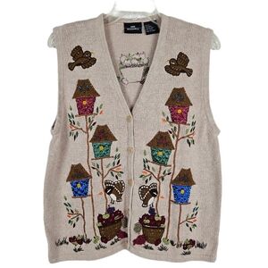 Vintage Knit Vest Fall Birds Birdhouse Apples Large Full Zip Biege One Resource